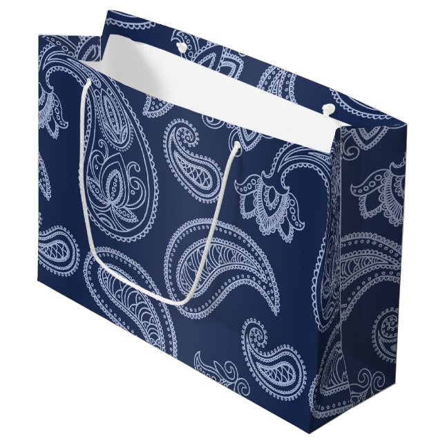 Elegant dark blue paisley pattern large gift bag (Front Angled)