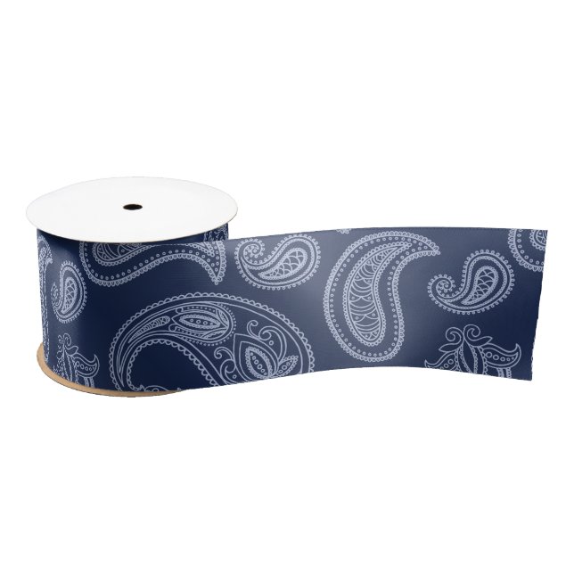 Elegant dark blue paisley pattern satin ribbon (Spool)