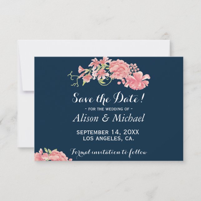 Elegant dark blue pink peonies wedding save date save the date (Front)