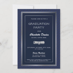 Elegant Dark Blue Silver Border Graduation Party Invitation