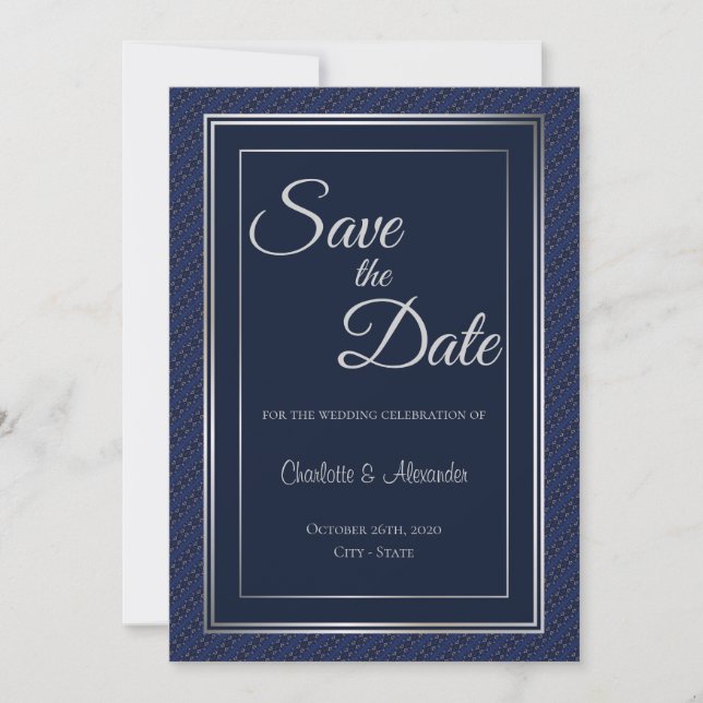 Elegant Dark Blue Silver Border Wedding Save the D Save The Date (Front)