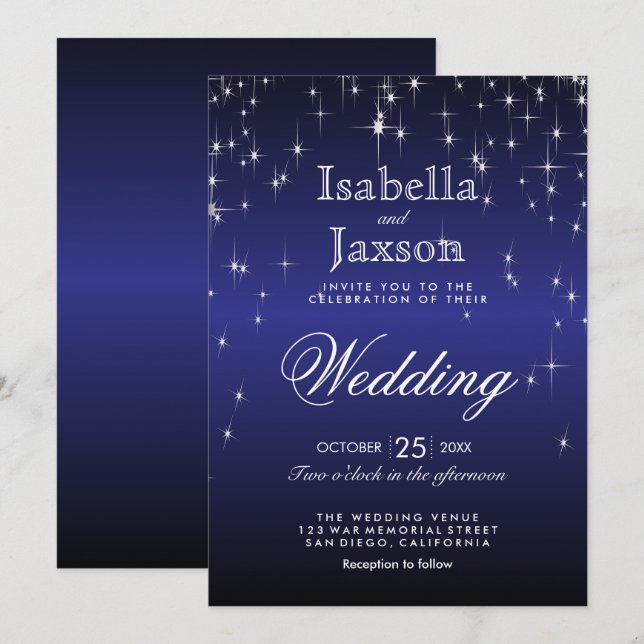 Elegant Dark Blue Star Lights Wedding Invitation (Front/Back)