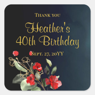 Elegant Dark Blue Watercolor Floral 40th Birthday  Square Sticker