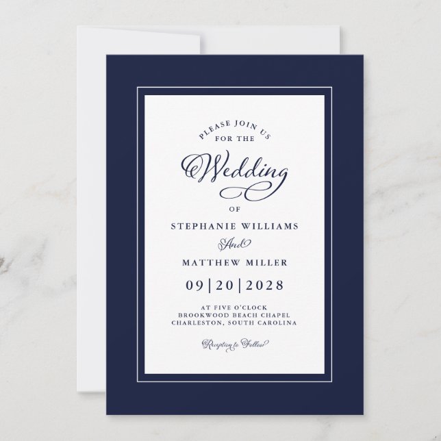Elegant Dark Blue Wedding Chic Modern Calligraphy  Invitation (Front)