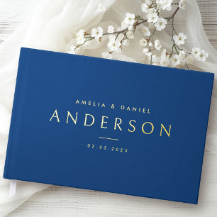 Elegant dark blue wedding names and date real guest book