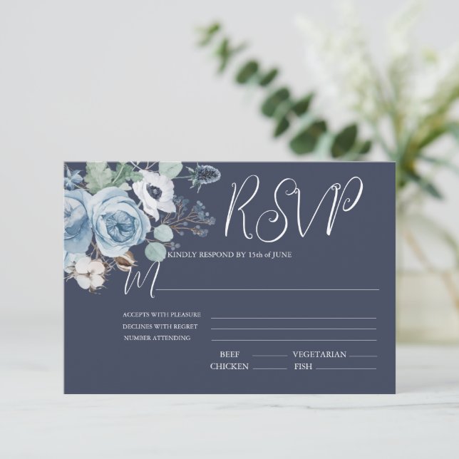 Elegant Dark Blue & White Floral Wedding RSVP Card (Standing Front)
