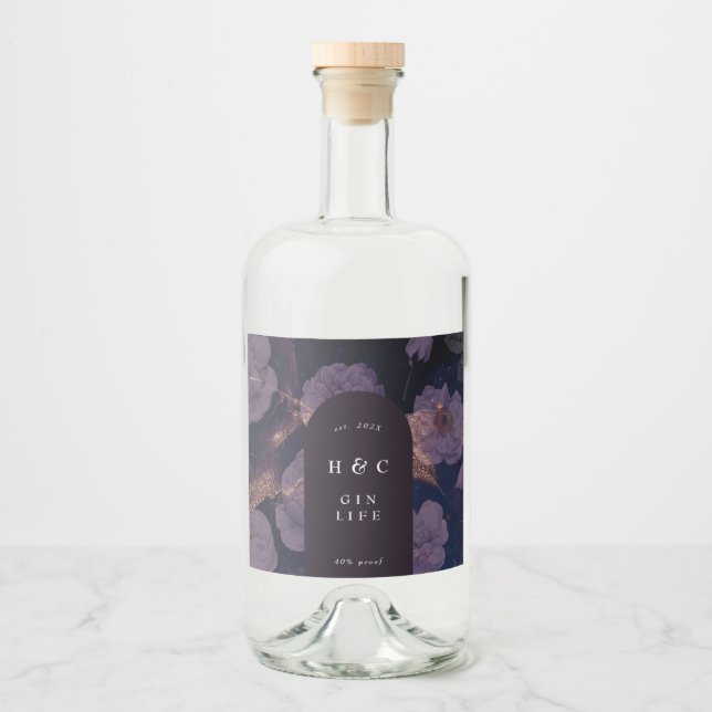 Elegant Dark Boho Floral Purple Botanical GIN Liquor Bottle Label (Front)