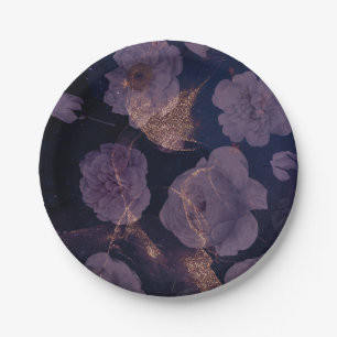 Elegant Dark Boho Floral Purple Botanical Wedding Paper Plate