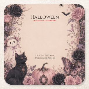 Elegant Dark Botanical Halloween Party Square Paper Coaster