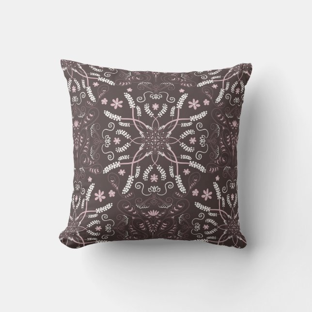 Elegant Dark Botanical Mandala Pattern Throw Pillow (Front)