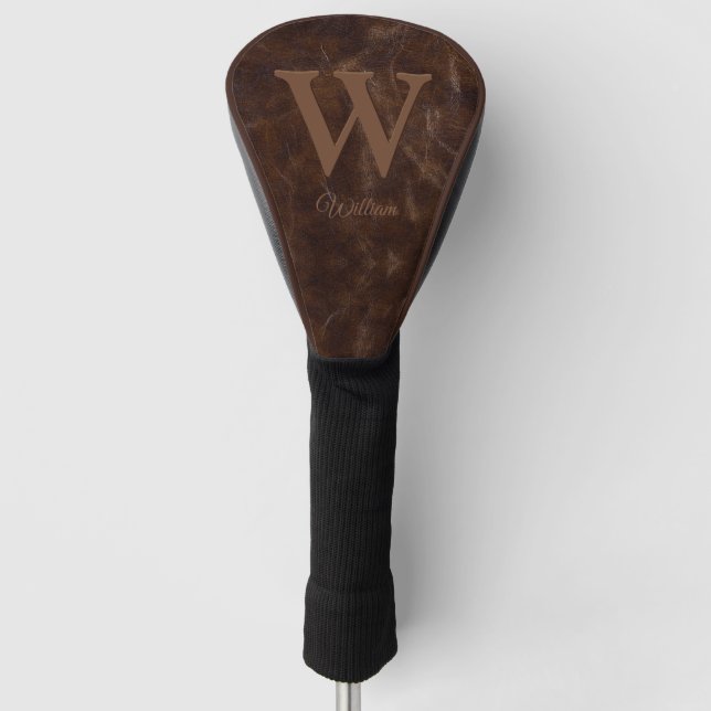 Elegant Dark Brown Cow Leather Texture Monogrammed Golf Head Cover (Front)