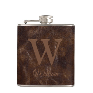 Elegant Dark Brown Cow Leather Texture Monogrammed Hip Flask