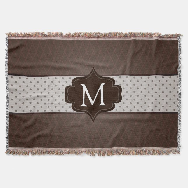 Elegant Dark Brown Polka Dot Custom Monogram Throw Blanket (Front)