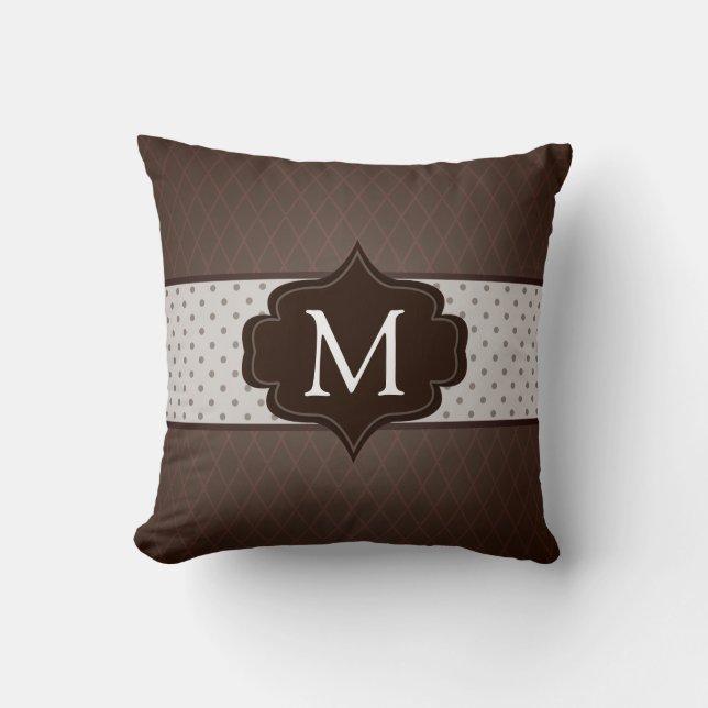 Elegant Dark Brown Polka Dot Custom Monogram Throw Pillow (Front)