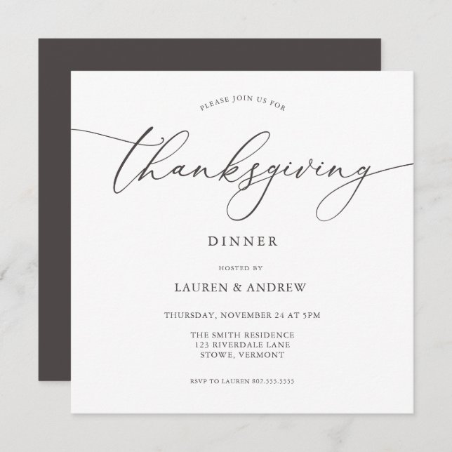 Elegant Dark Brown Thanksgiving Dinner Invitation (Front/Back)