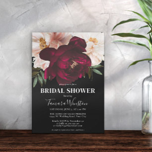 Elegant Dark Burgundy & Blush Floral Black Shower Invitation