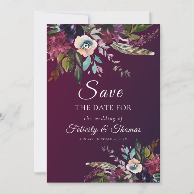 Elegant Dark Burgundy Floral Wedding Save The Date Invitation (Front)