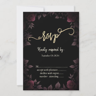 Elegant Dark Burgundy Roses Black RSVP   Invitation