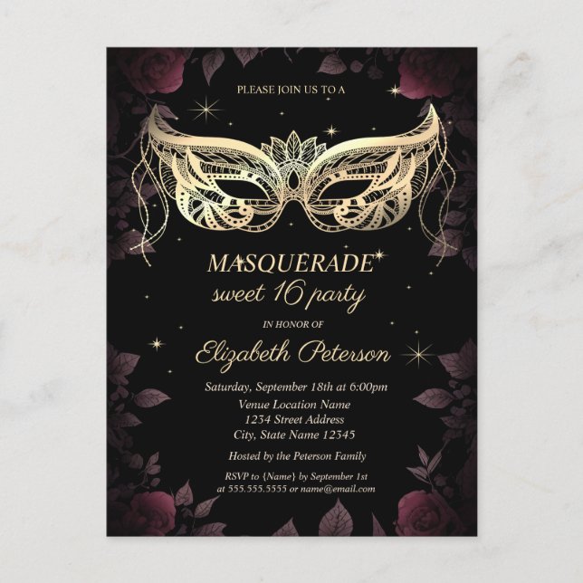 Elegant Dark Burgundy Roses Black Sweet 16 Invitation Postcard (Front)