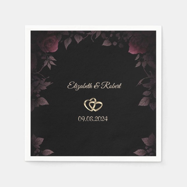 Elegant Dark Burgundy Roses Black Wedding Napkin (Front)