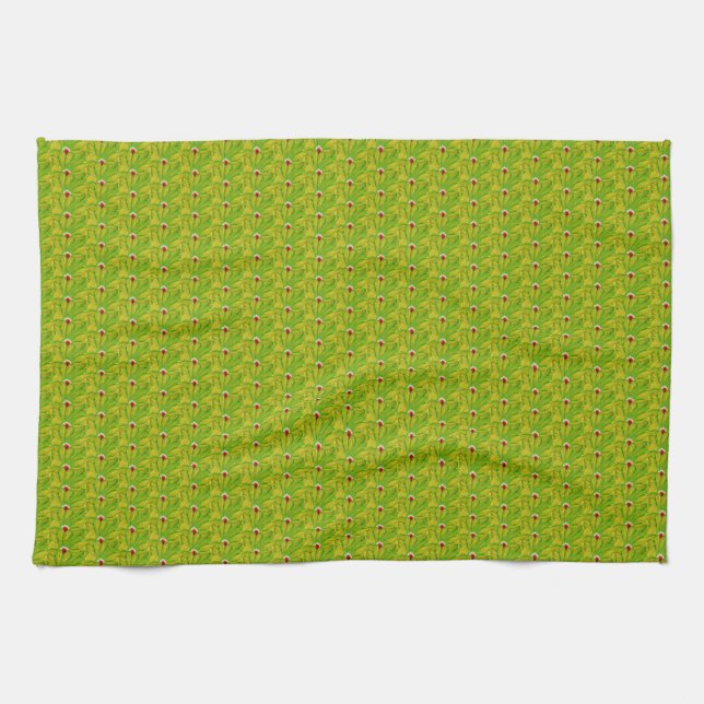 Elegant Dark Chartreuse Green Floral Pattern Kitchen Towel (Horizontal)