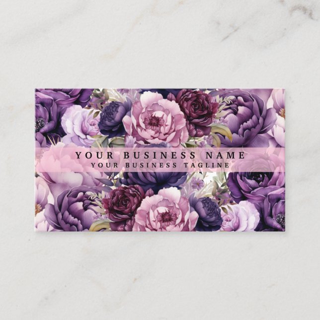 Elegant Dark Deep Purple Flowers Business Cards (Front)