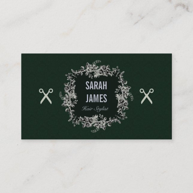 elegant dark emerald hair stylist scissors shears business card (Front)