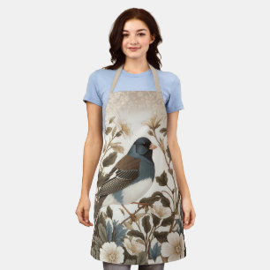 Elegant Dark-eyed Junco Cream Floral Apron