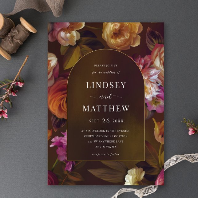Elegant Dark Fall Floral Gold Arch Wedding Invitation (Creator Uploaded)