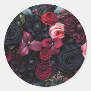 Elegant Dark Floral Arrangement Featuring Roses  Classic Round Sticker