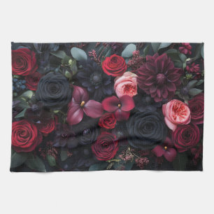 Elegant Dark Floral Arrangement Featuring Roses  Kitchen Towel