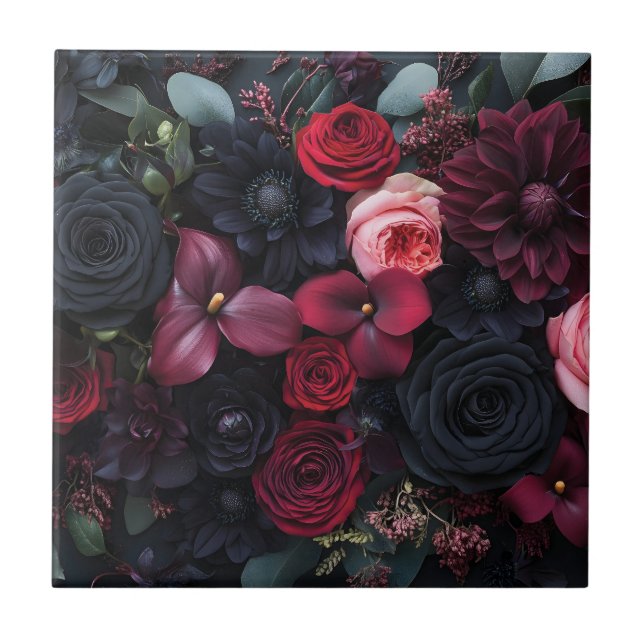 Elegant Dark Floral Arrangement Featuring Roses  Tile (Front)