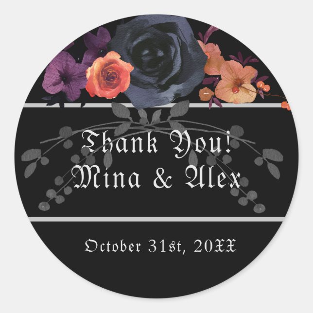 Elegant Dark Floral Black Goth Wedding Classic Round Sticker (Front)