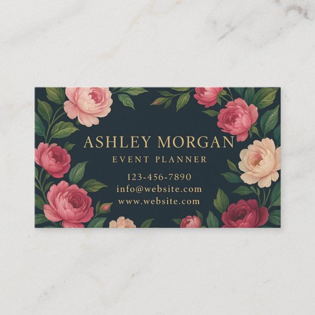 Elegant Dark Floral Business Card with Roses  (Front)