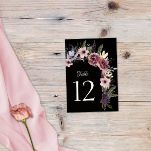 Elegant Dark Floral Cascade Black Burgundy Table Number