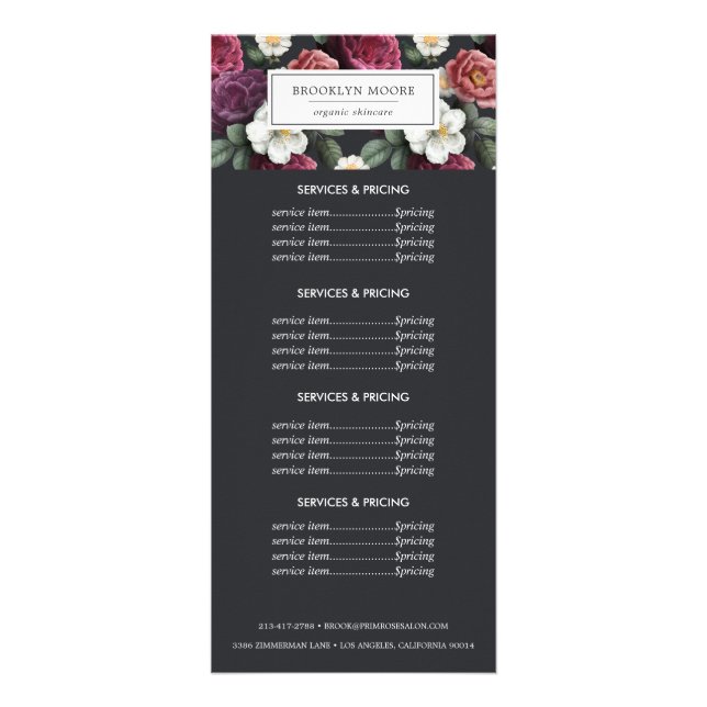 Elegant Dark Floral Logo | Pricing Services Rack Card (Front)