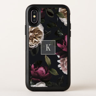 Elegant Dark Floral on Black   Monogrammed OtterBox Symmetry iPhone XS Case