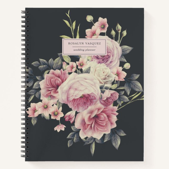 Elegant Dark Floral on Black Personalized Journal (Front)