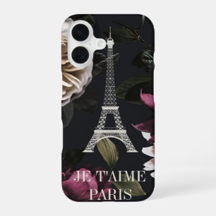 Elegant Dark Floral Paris Eiffel Tower iPhone 16 Case