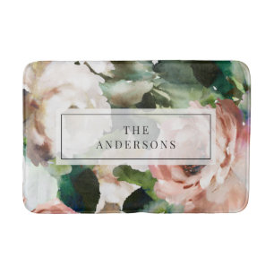 Elegant dark floral peony modern personalized bath mat