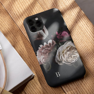 Elegant Dark Floral Rose Monogram iPhone 15 Case