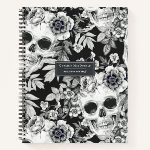 Elegant Dark Floral Skulls on Black Personalized Notebook