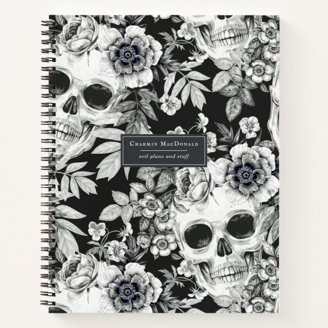 Elegant Dark Floral Skulls on Black Personalized Notebook (Front)