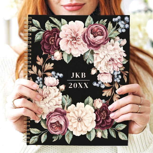 Elegant Dark Floral Wreath Custom Monogram Planner (Creator Uploaded)