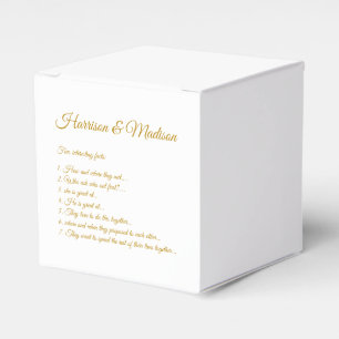 Elegant dark gold custom script couple fun facts favor box