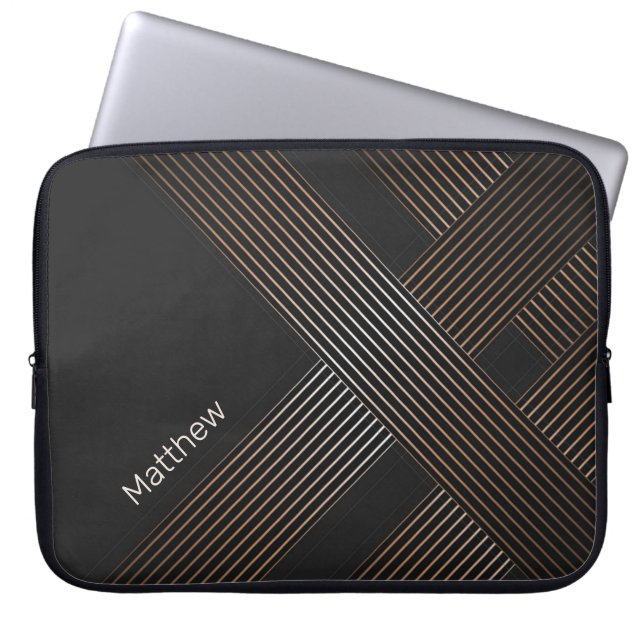 Elegant Dark-Golden Lines with Custom Name Laptop Sleeve (Front)