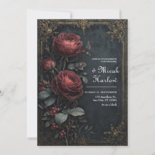 Elegant Dark Gothic Burgundy Rose Floral Wedding Invitation