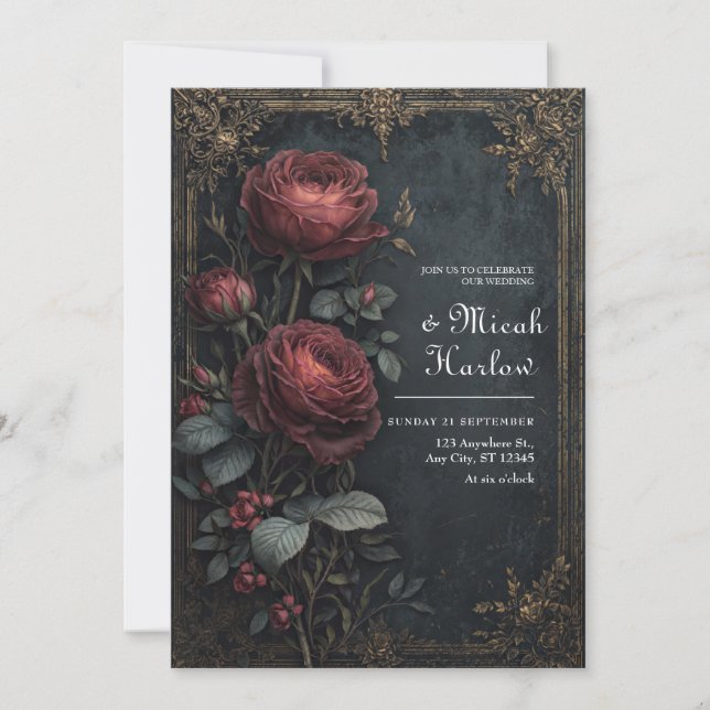 Elegant Dark Gothic Burgundy Rose Floral Wedding Invitation (Front)
