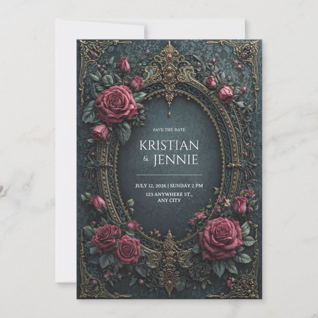 Elegant Dark Gothic Burgundy Rose Oval Wedding Invitation (Front)