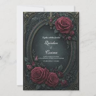 Elegant Dark Gothic Burgundy Rose Oval Wedding Invitation